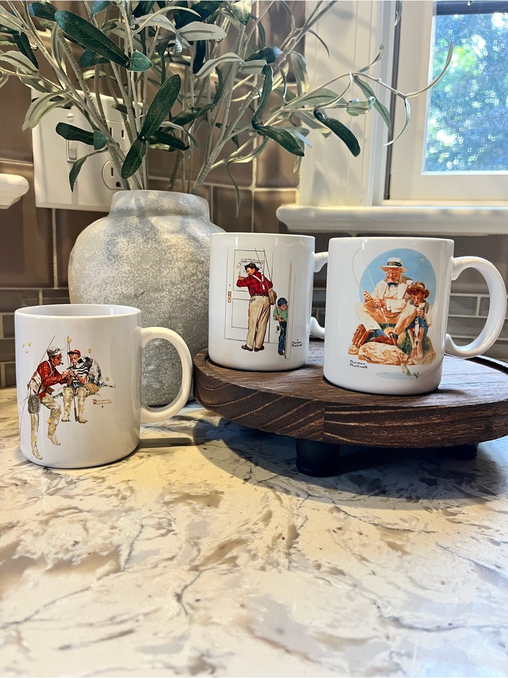 Vintage Norman Rockwell Fishing Coffee Mug Set of 3